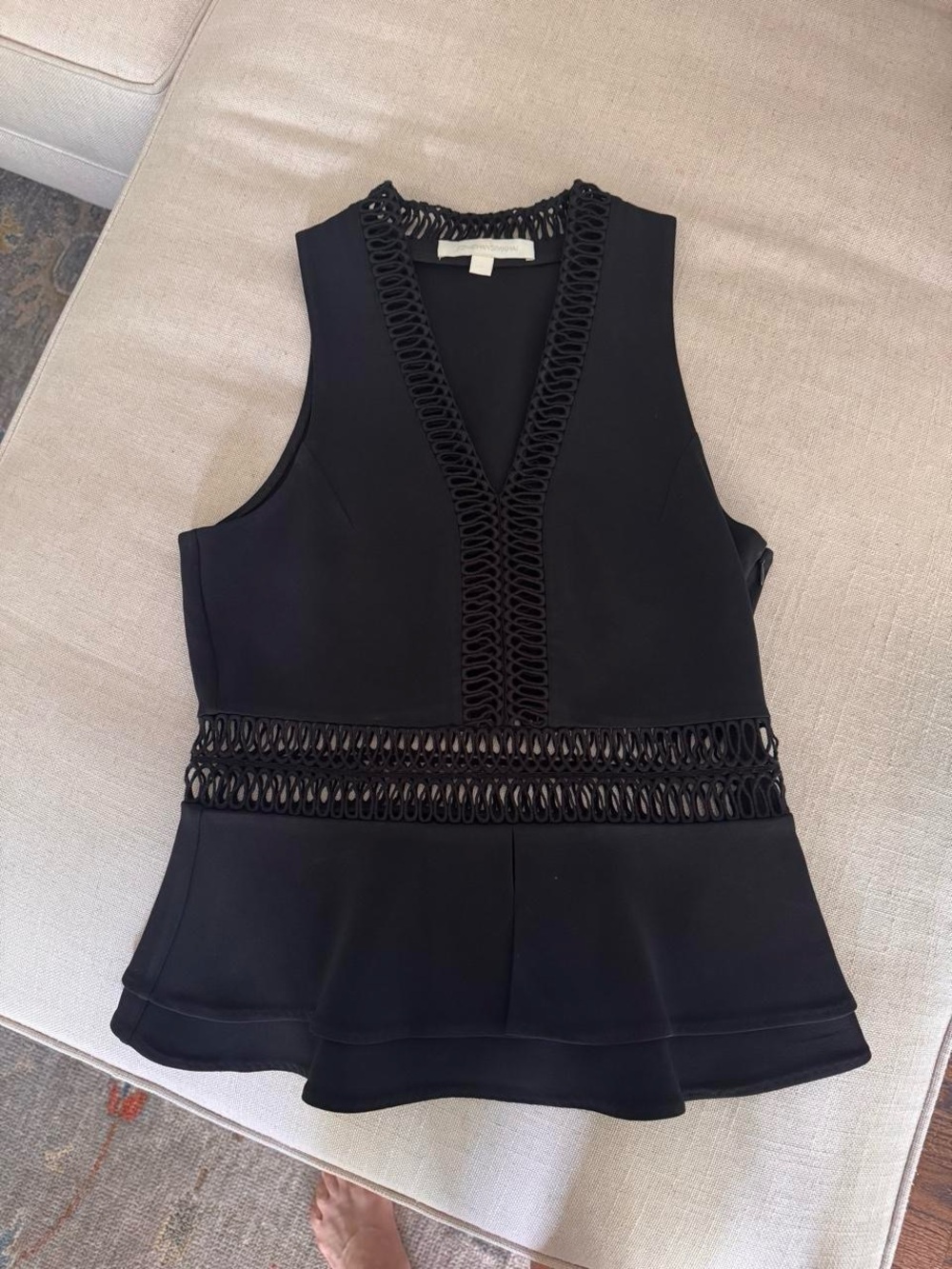 Jonathan Simkhai Black Crochet-Trim Peplum Tank